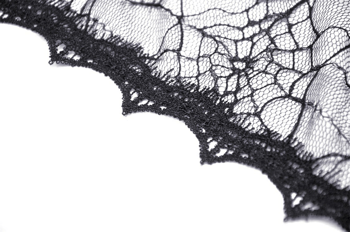Close-up of elegant black sheer lace edge, showcasing intricate gothic design for women's clothing or accessories.