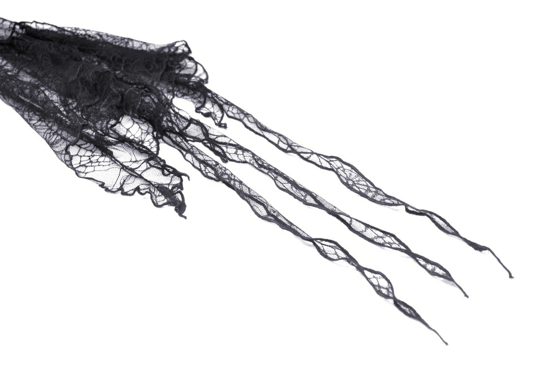 Delicate black sheer lace cape fabric with flowing strands, perfect for gothic styles and elegant costumes.