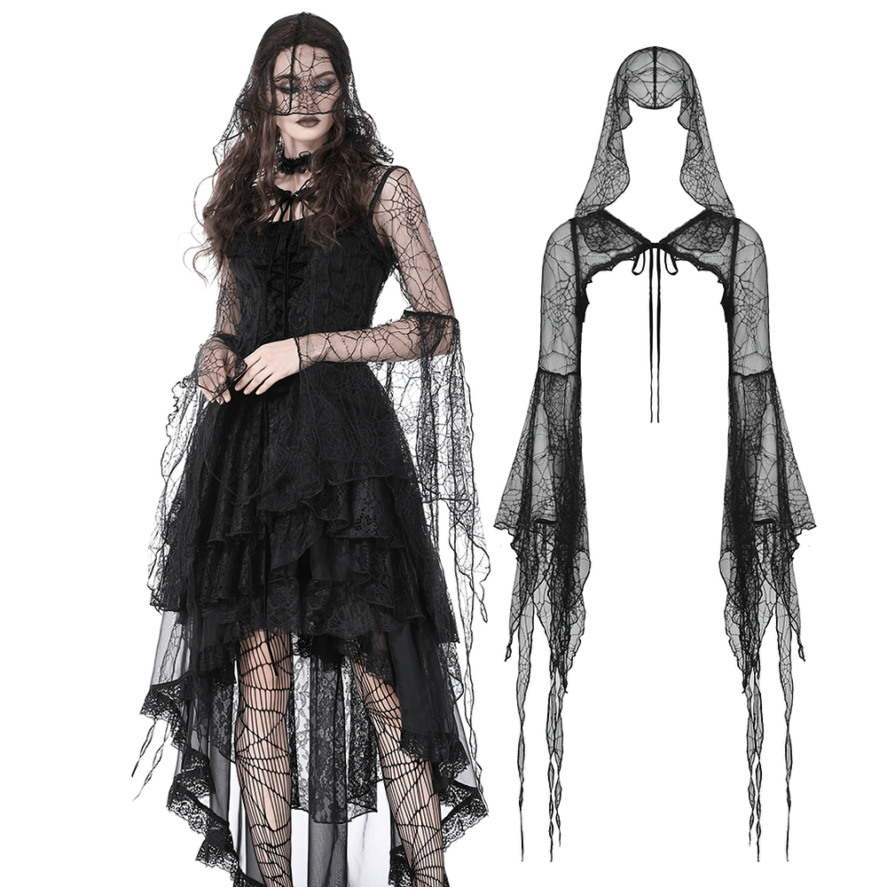 Gothic women's black sheer lace hooded cape with dramatic sleeves, perfect for Halloween or cosplay.