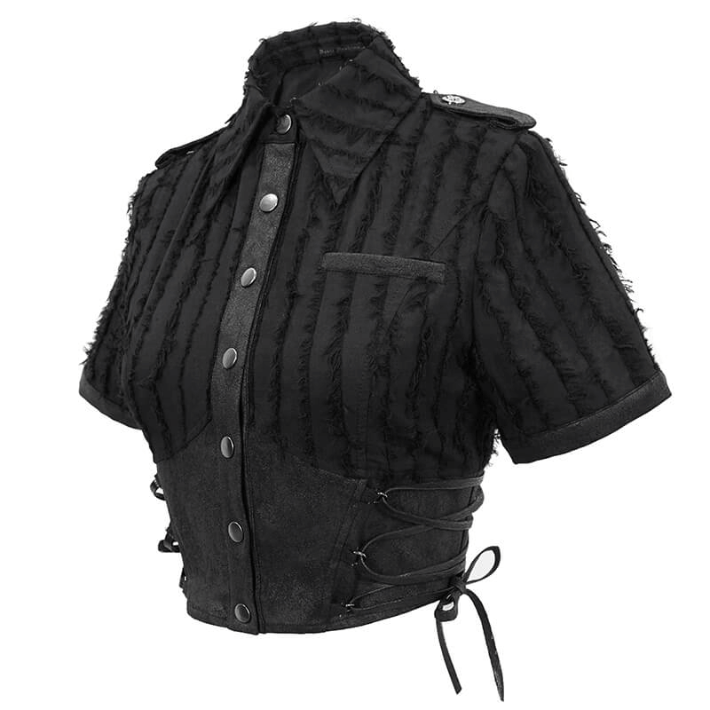 Gothic women's black short sleeve blouse with turn-down collar and silver buttons, stylish and trendy design.