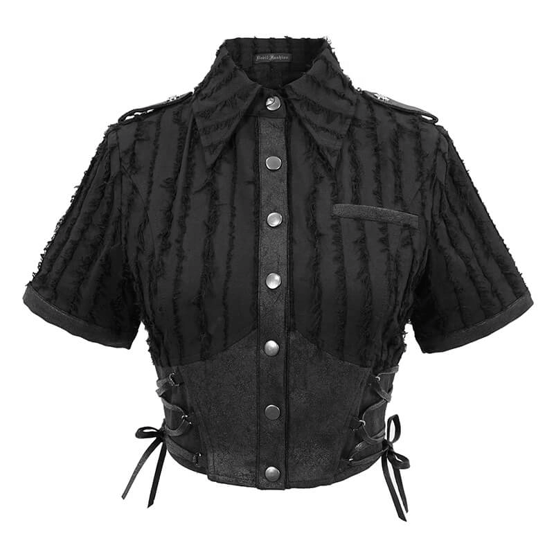 Gothic women's black short sleeve blouse featuring stylish silver buttons and a trendy turn-down collar.