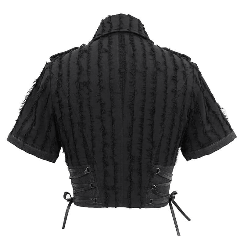 Gothic women's black short sleeve blouse with stylish silver buttons and unique textured design.