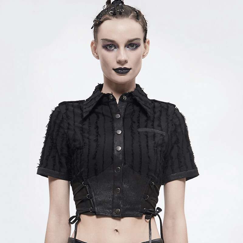 Gothic women's black short sleeve blouse with stylish silver buttons and modern design, perfect for trendy gothic fashion.