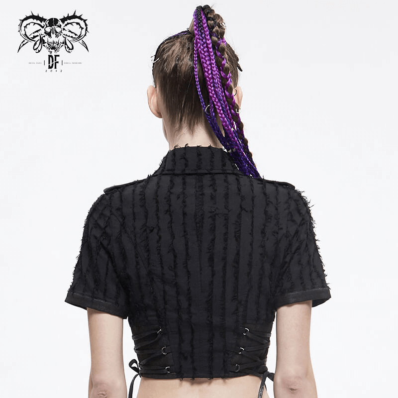 Back view of a gothic women's black short sleeve blouse with unique texture and stylish purple braided hair.
