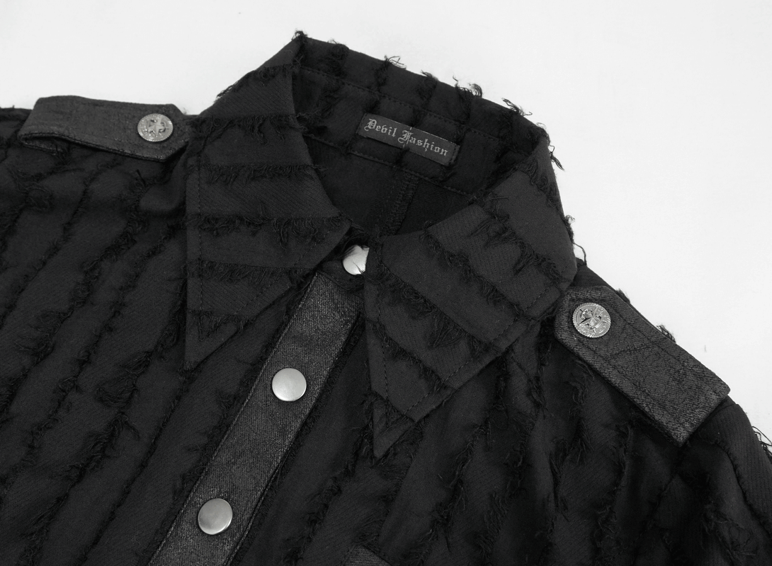 Gothic women's black short sleeve blouse with turn-down collar and stylish silver buttons.