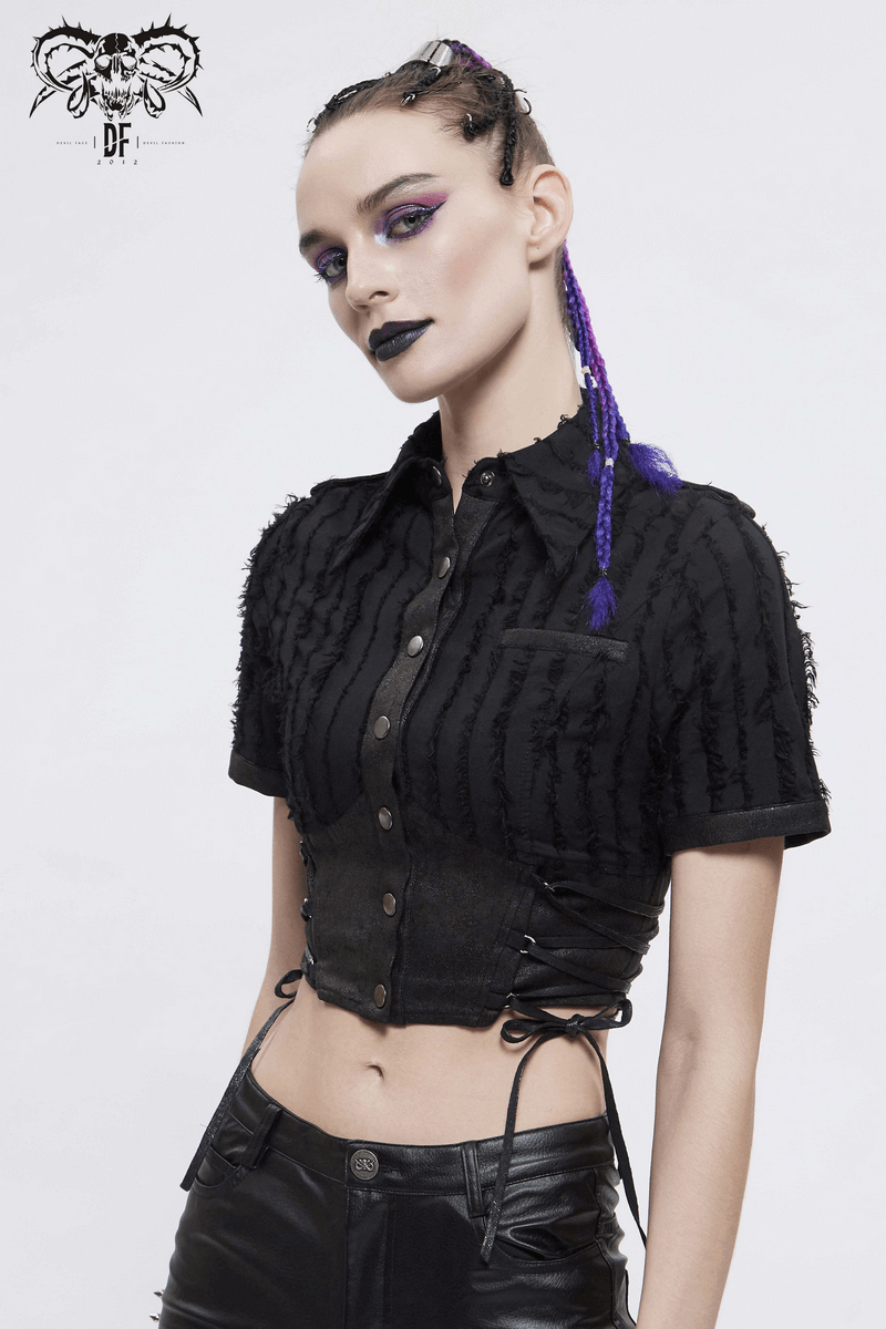 Gothic Women's Black Short Sleeve Blouse / Original Lady Turn-down Collar Short Shirt on Buttons - HARD'N'HEAVY