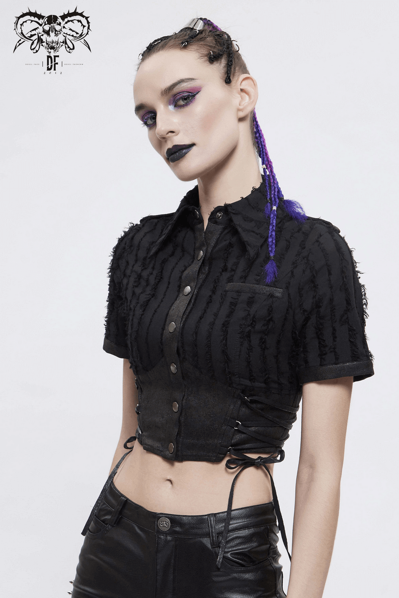 Gothic women's black short sleeve blouse with stylish buttons and modern design, perfect for a trendy gothic look.