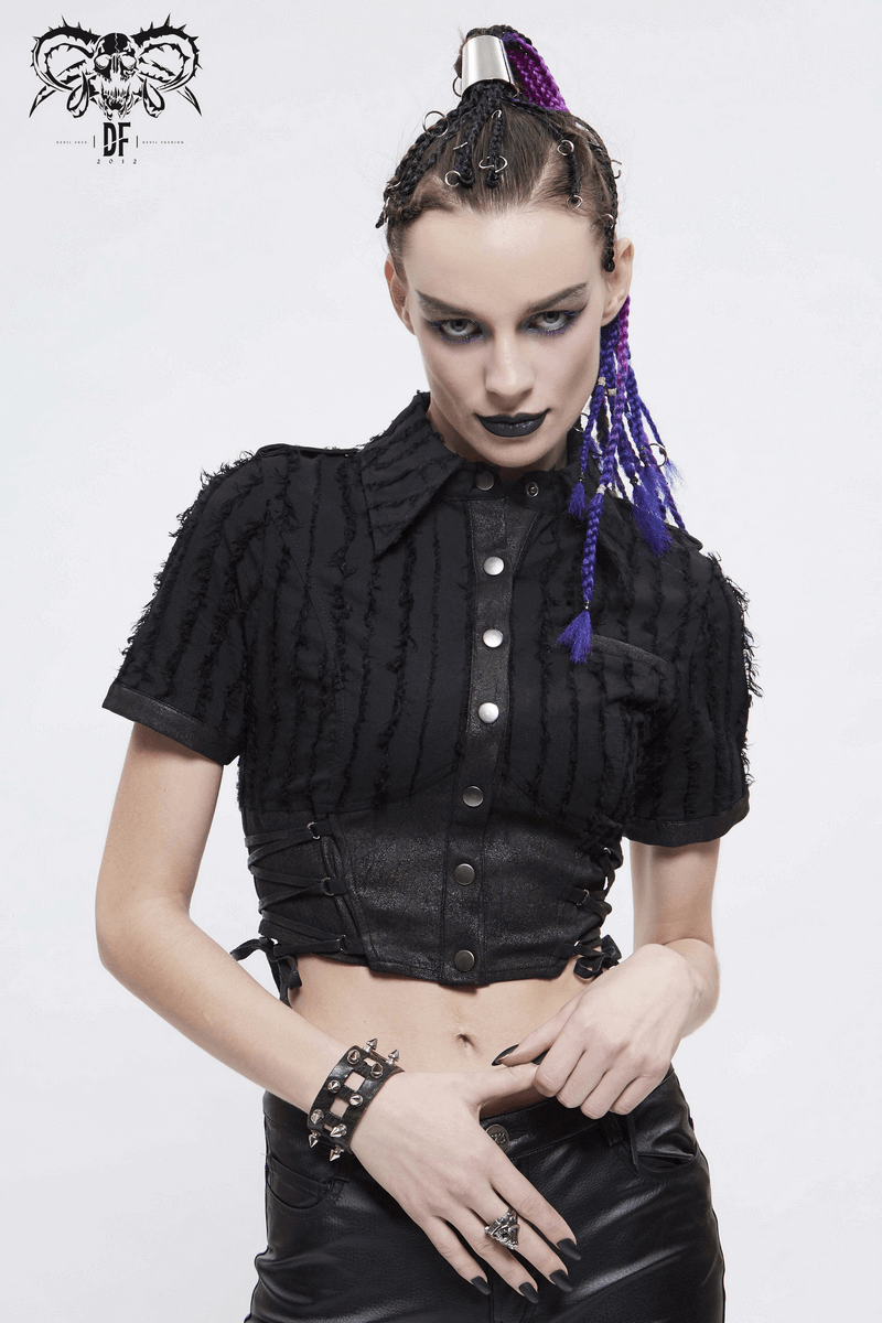 Gothic women's black short sleeve blouse with turn-down collar and stylish silver buttons, perfect for trendy looks.