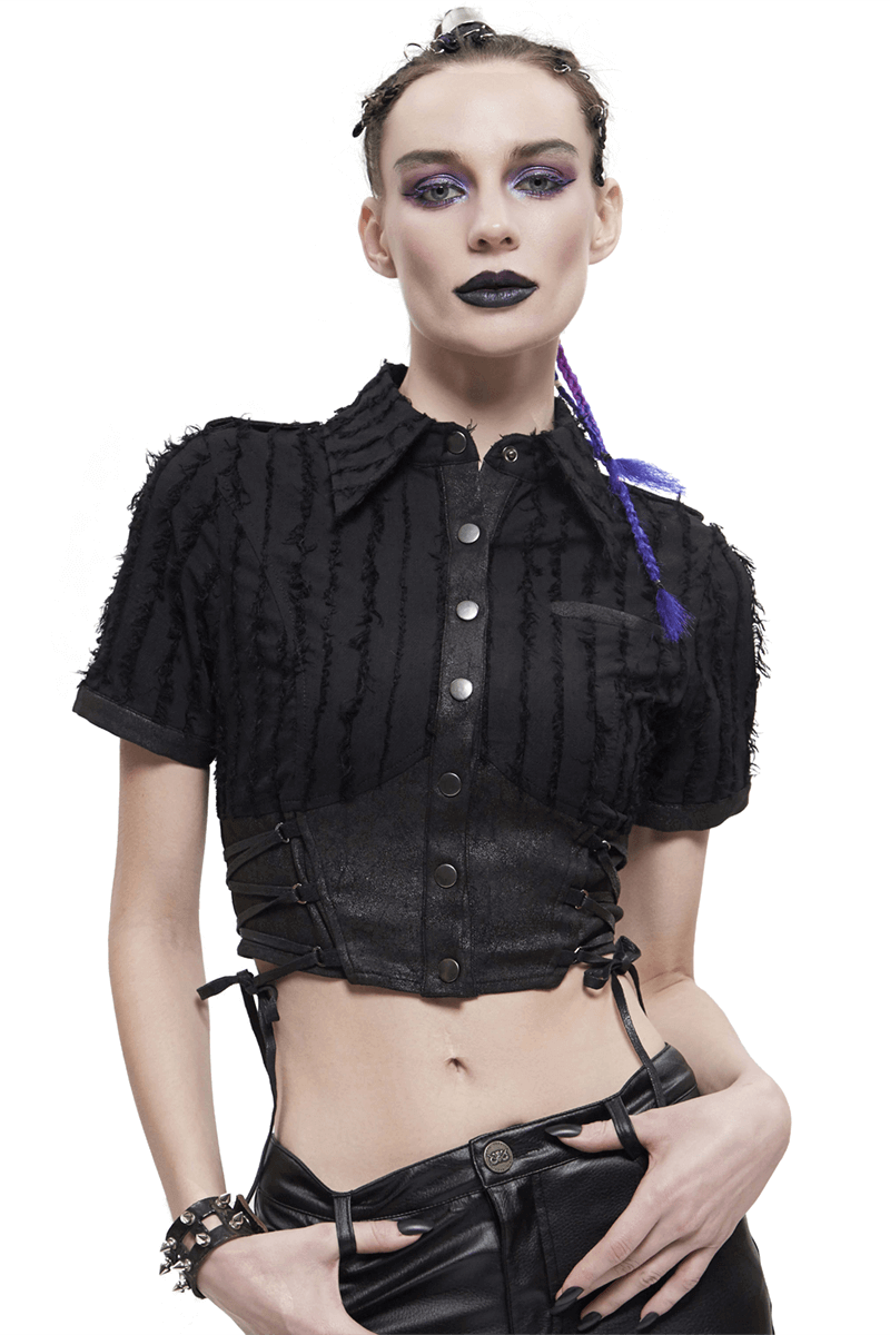 Gothic women's black short sleeve blouse with stylish silver buttons and modern design, perfect for trendy gothic outfits.