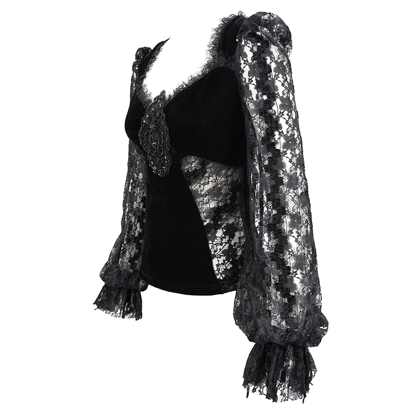 Gothic women's black velvet top with elegant lace sleeves and vintage design for stylish looks.