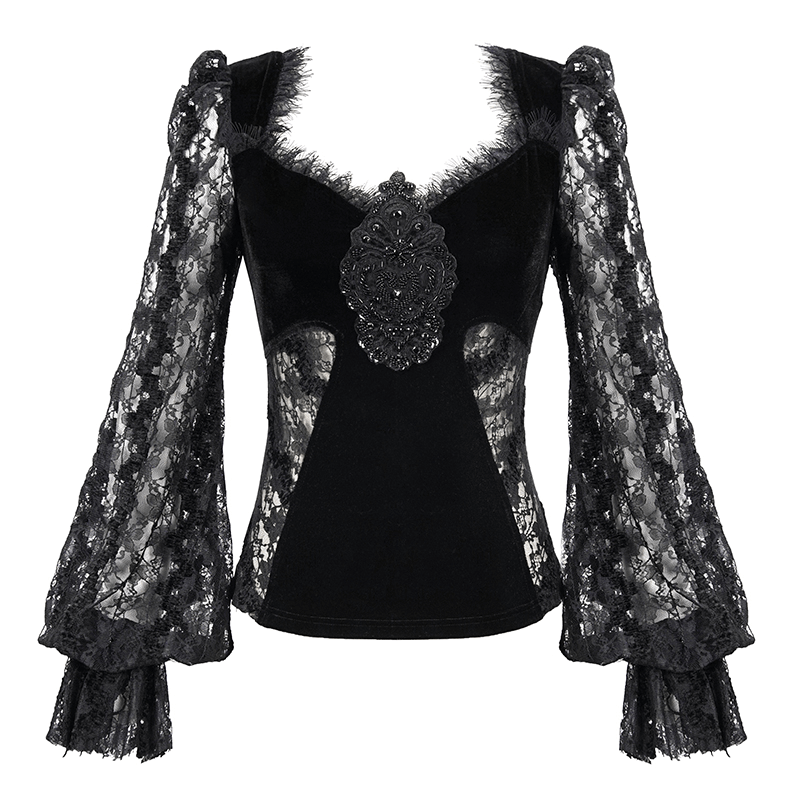 Gothic women's black velvet top with lace ruched sleeves and vintage detailing, perfect for elegant outfits.
