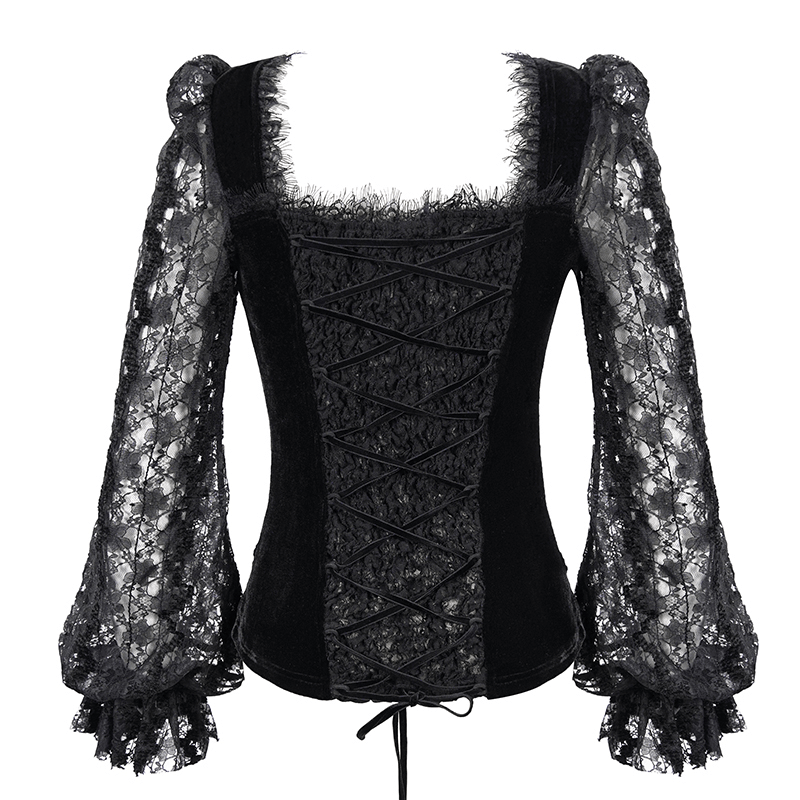 Gothic women's black velvet top with lace ruched sleeves and vintage design, perfect for stylish outfits.