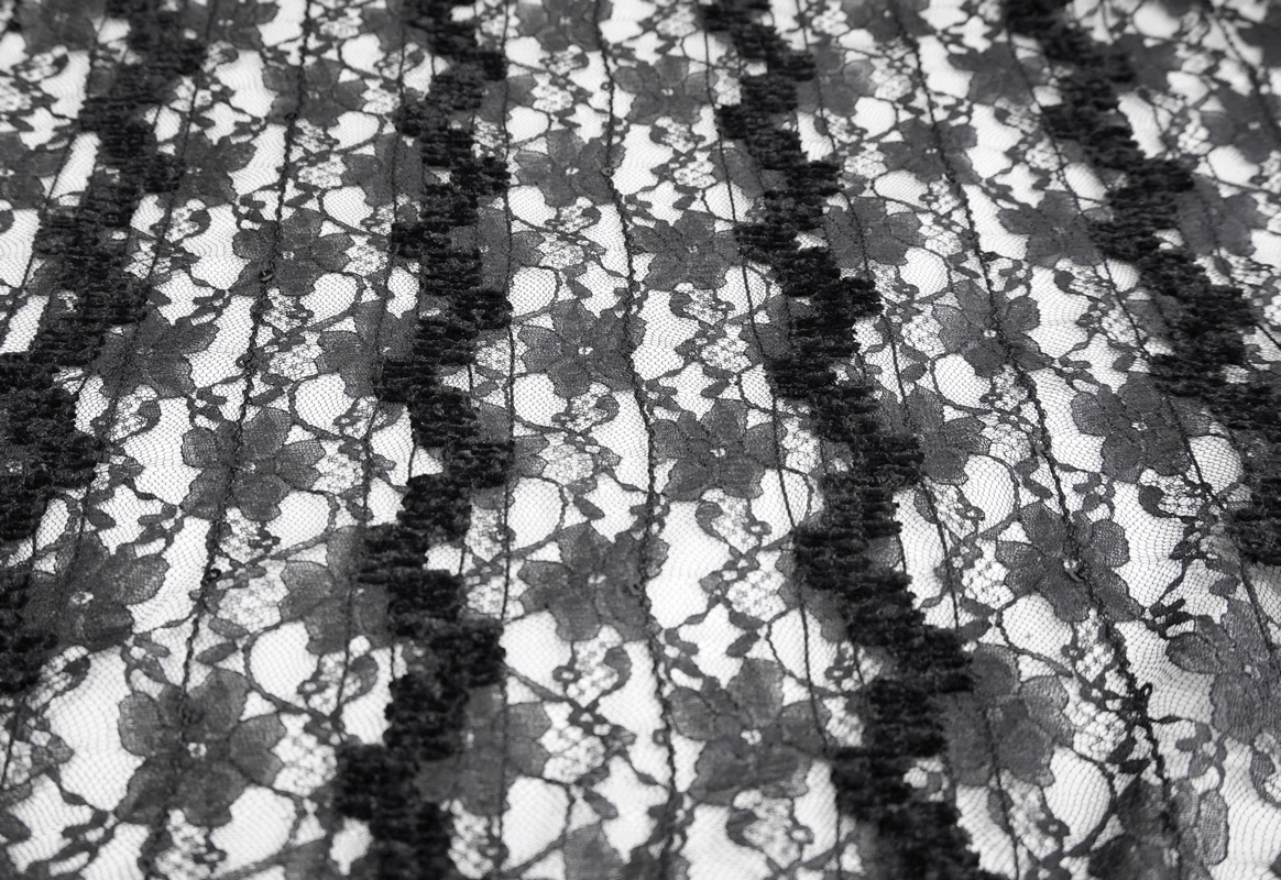 Close-up of black lace fabric with floral patterns, perfect for gothic vintage clothing.