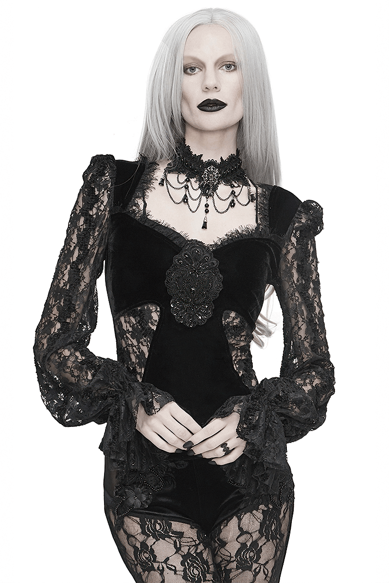 Gothic Women's Black Velvet and Lace Top / Vintage Ladies Tops with Lace Ruched Sleeves - HARD'N'HEAVY