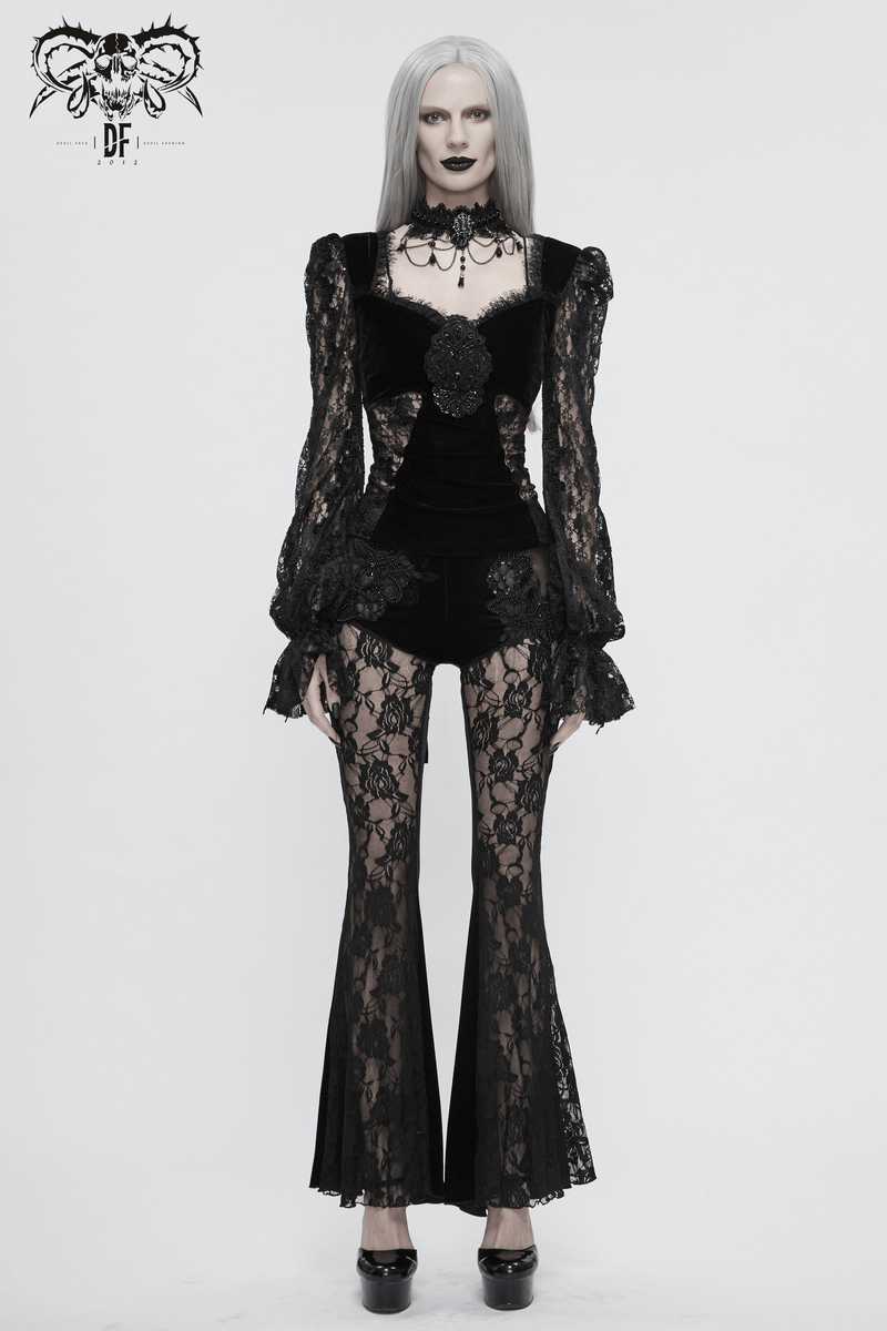 Gothic Women's Black Velvet and Lace Top / Vintage Ladies Tops with Lace Ruched Sleeves - HARD'N'HEAVY