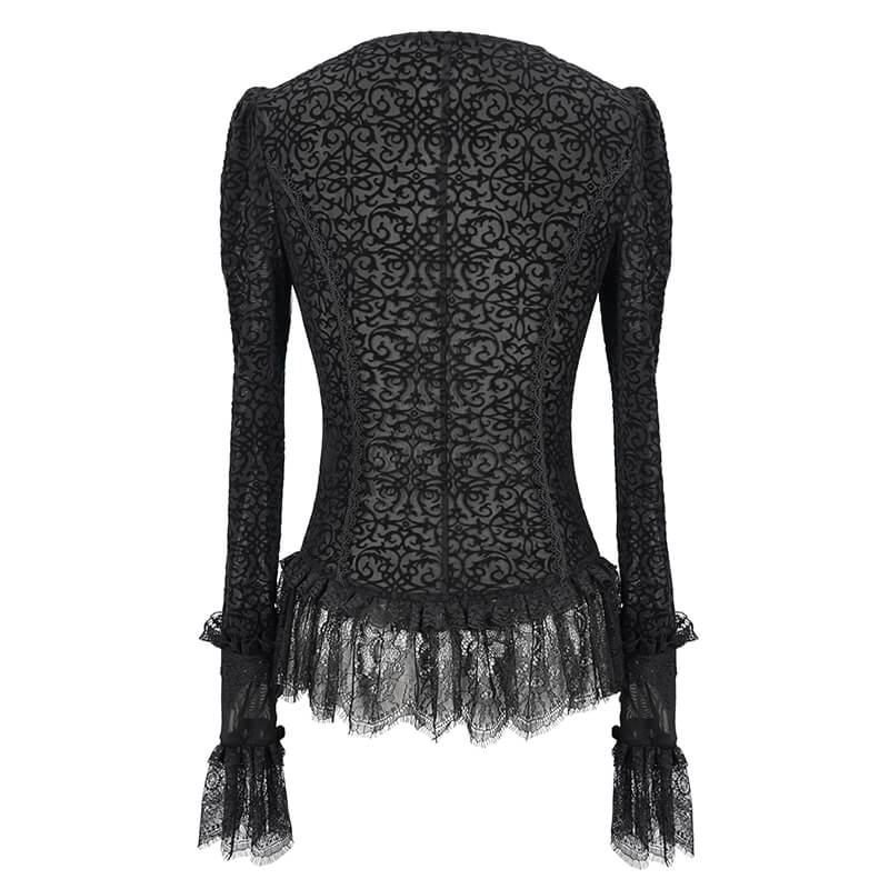 Gothic Women's Black Velvet Blouse / Stylish Seductive Deep V-Neckline & Lace Cuffs Shirt - HARD'N'HEAVY