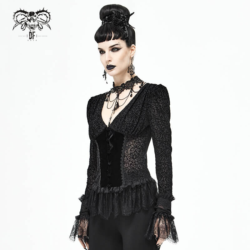 Gothic Women's Black Velvet Blouse / Stylish Seductive Deep V-Neckline & Lace Cuffs Shirt - HARD'N'HEAVY