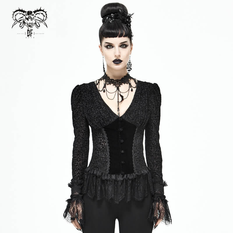 Gothic Women's Black Velvet Blouse / Stylish Seductive Deep V-Neckline & Lace Cuffs Shirt - HARD'N'HEAVY