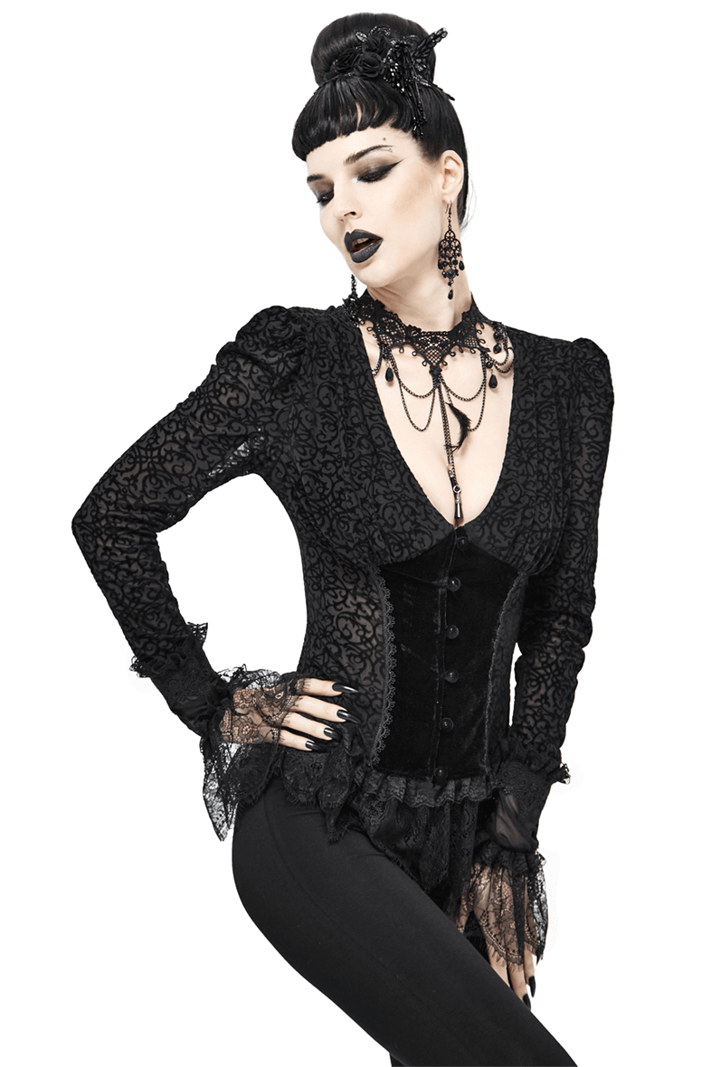 Gothic Women's Black Velvet Blouse / Stylish Seductive Deep V-Neckline & Lace Cuffs Shirt - HARD'N'HEAVY