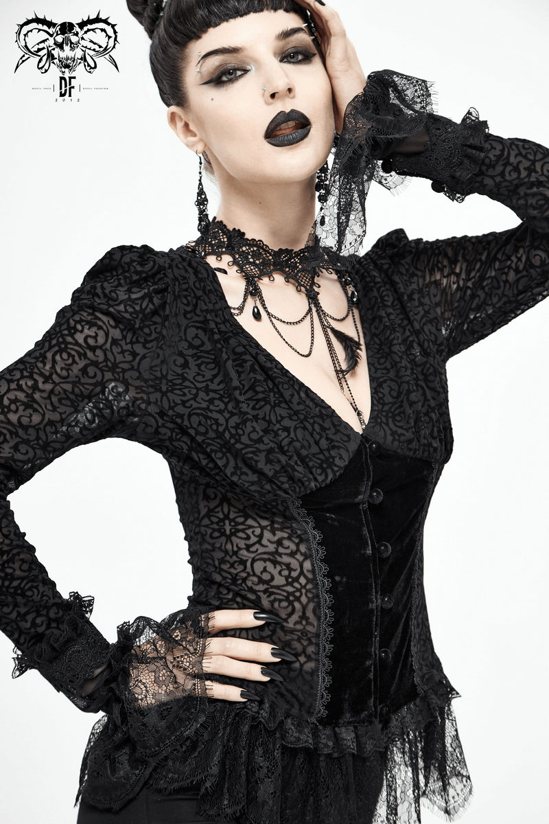 Gothic Women's Black Velvet Blouse / Stylish Seductive Deep V-Neckline & Lace Cuffs Shirt - HARD'N'HEAVY