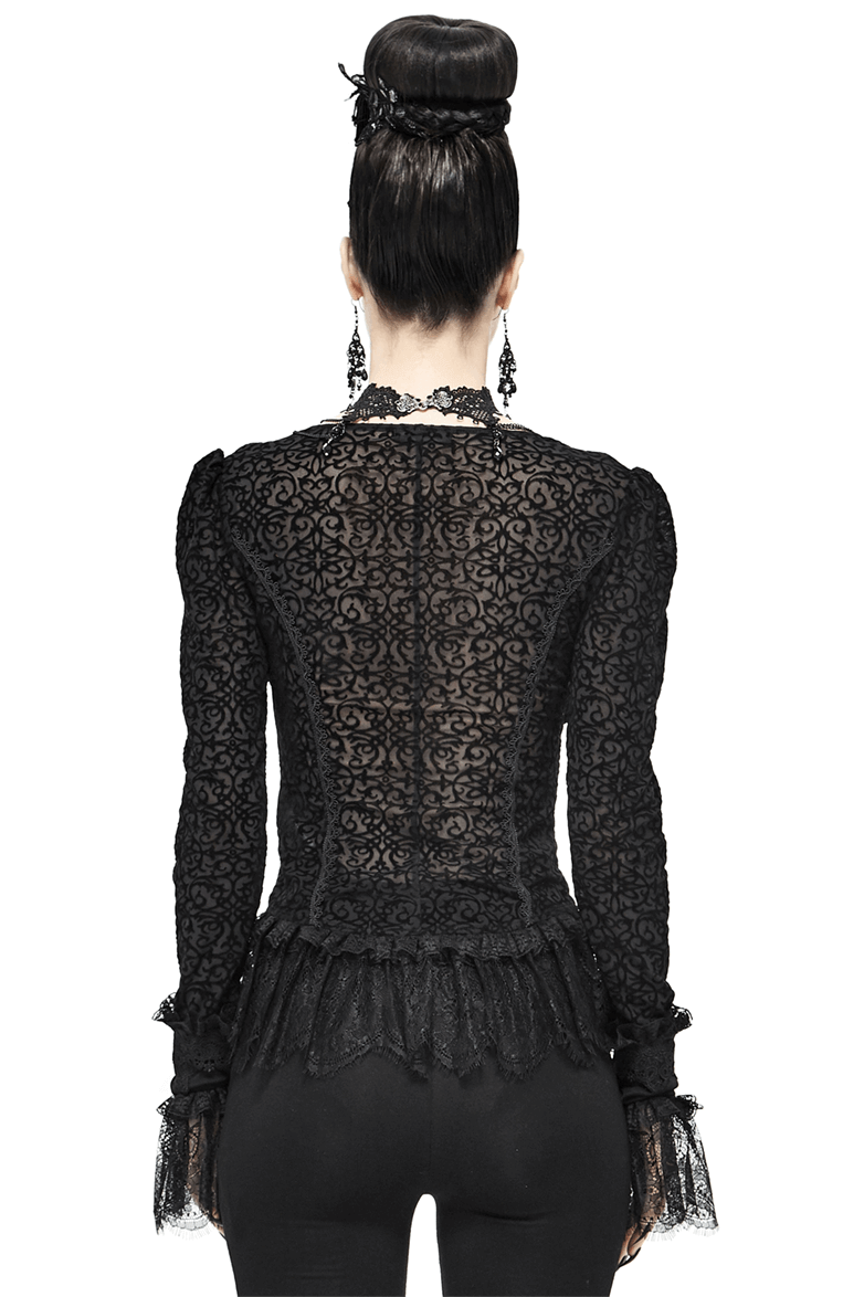 Gothic Women's Black Velvet Blouse / Stylish Seductive Deep V-Neckline & Lace Cuffs Shirt - HARD'N'HEAVY