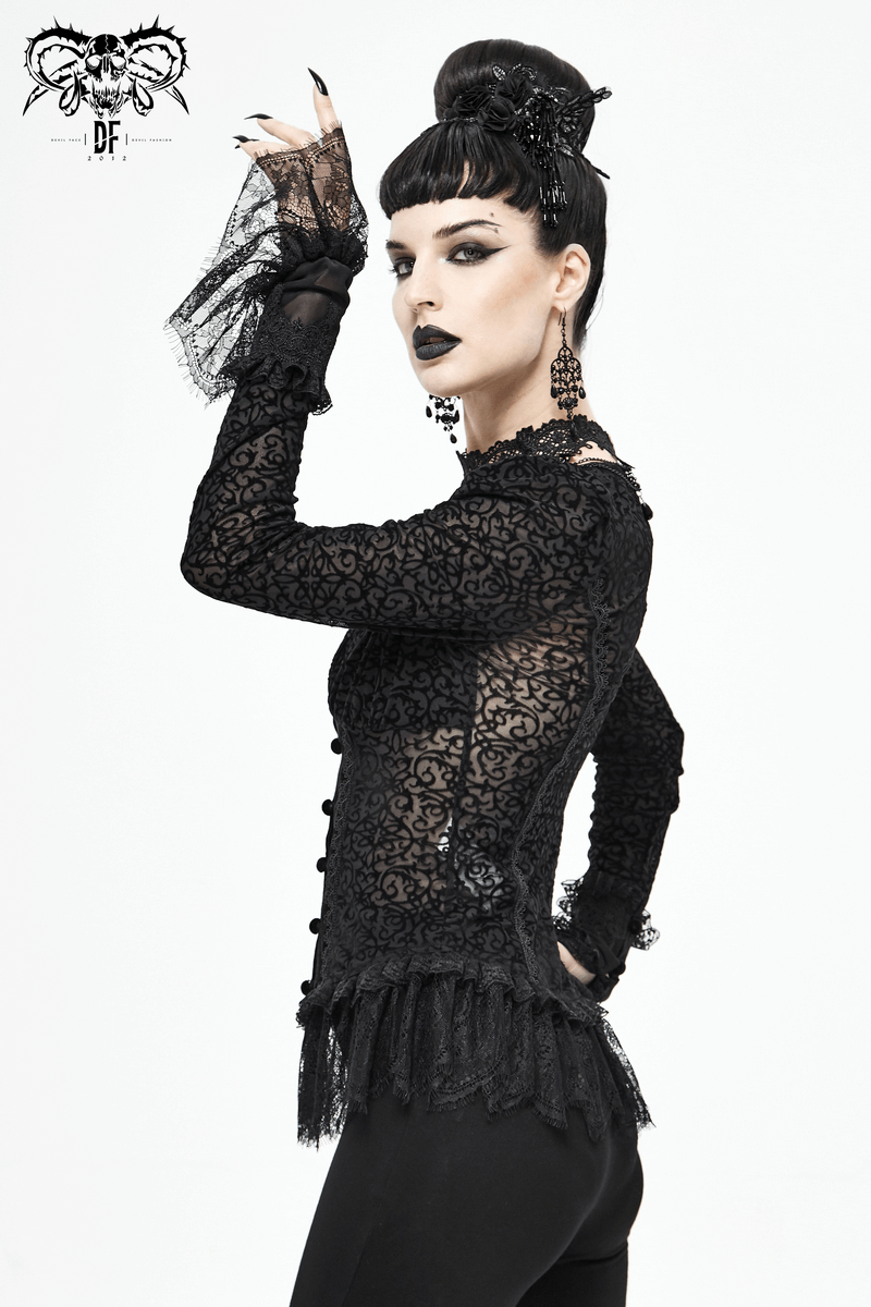 Gothic Women's Black Velvet Blouse / Stylish Seductive Deep V-Neckline & Lace Cuffs Shirt - HARD'N'HEAVY