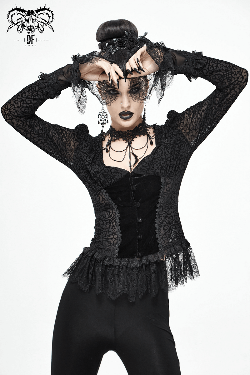 Gothic Women's Black Velvet Blouse / Stylish Seductive Deep V-Neckline & Lace Cuffs Shirt - HARD'N'HEAVY