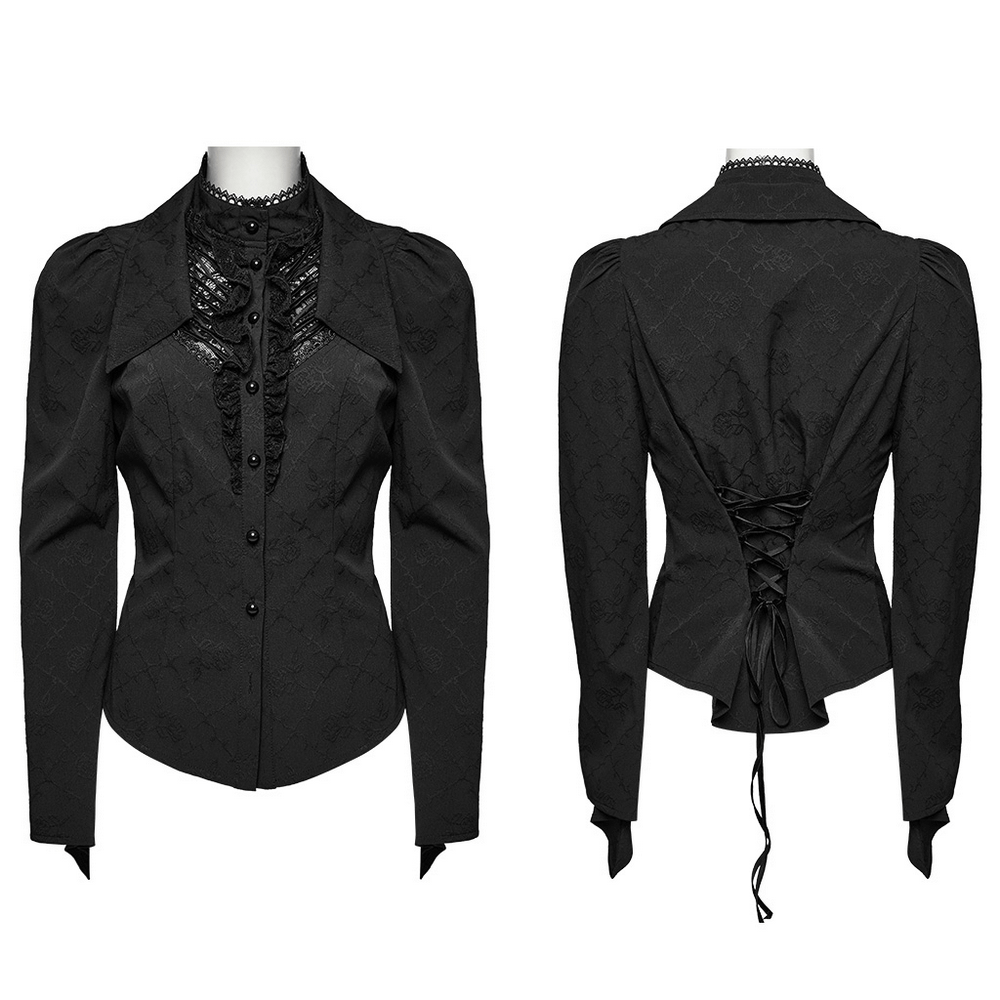 Gothic women's blouse featuring lace-up back, double collar, and elegant long sleeves for a mysterious look.