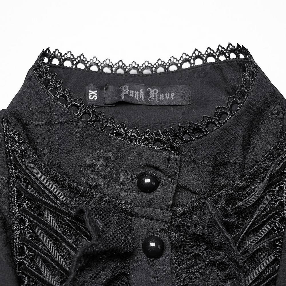 Close-up of a Gothic women's blouse collar with lace trim and buttons from Punk Rave, showcasing intricate details.