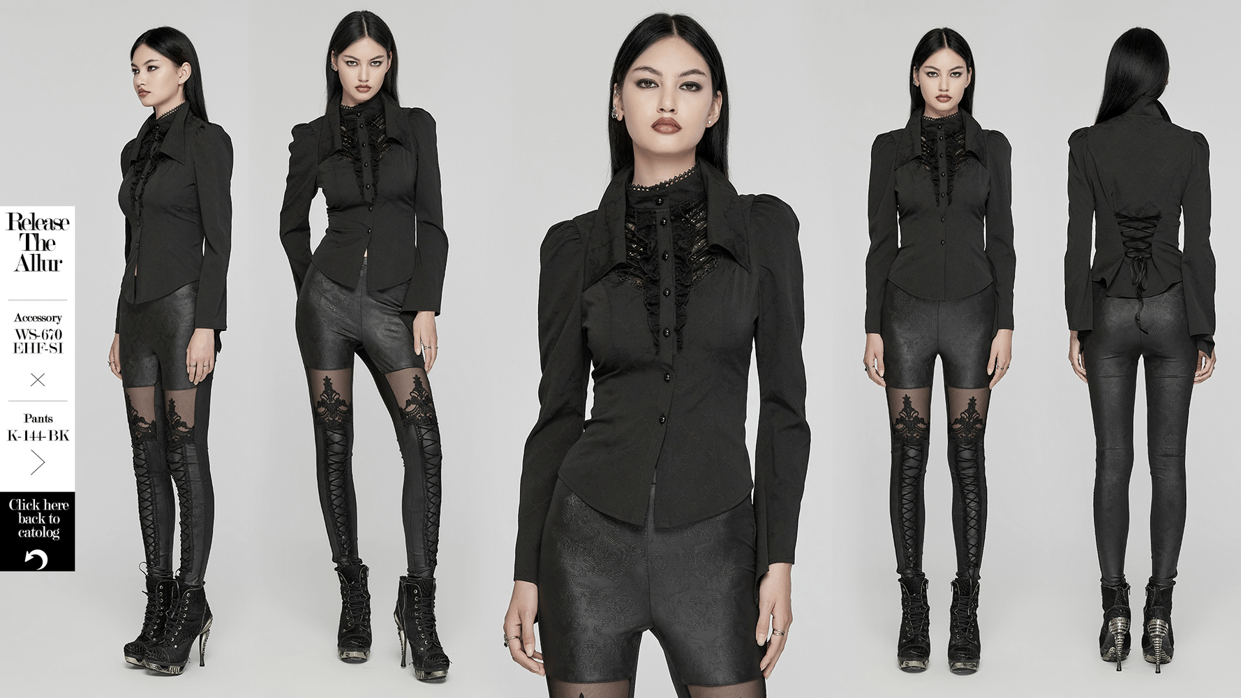 Gothic Women's Blouse featuring lace-up back and double collar, paired with stylish leggings and trendy boots.