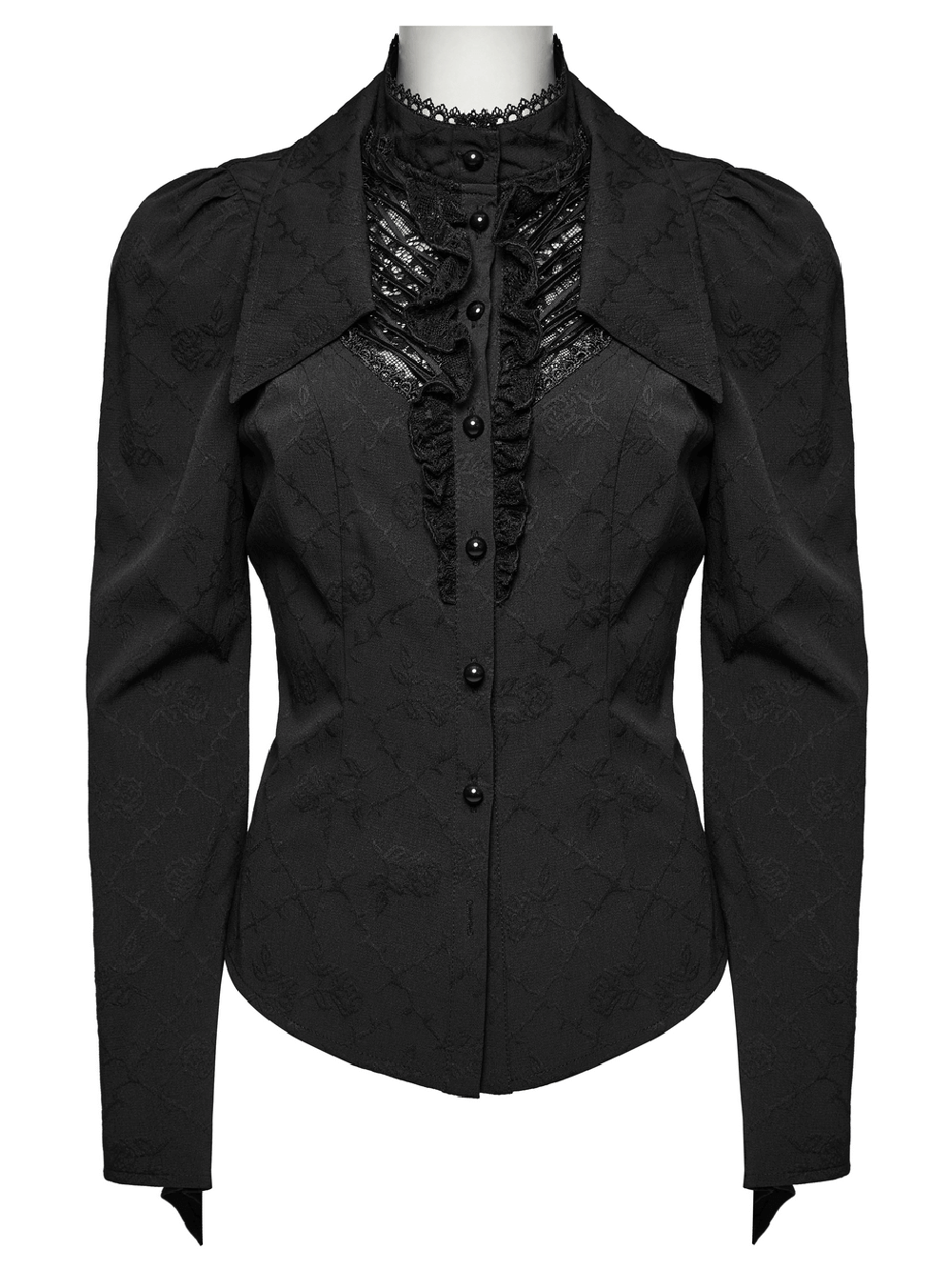 Elegant Gothic women's blouse with lace-up back, double collar, and ruffled detailing in stylish black fabric.