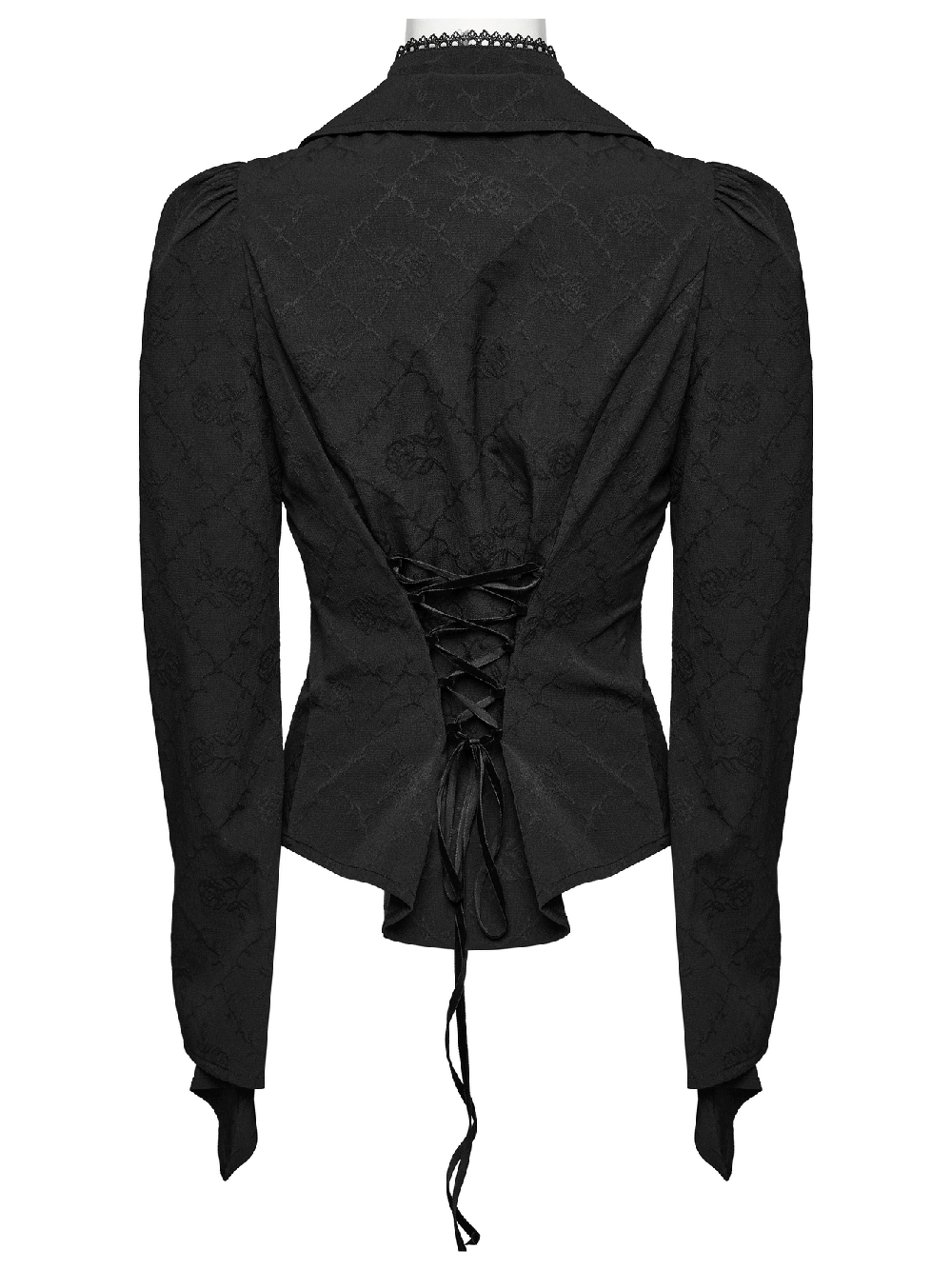 Gothic women's blouse featuring a lace-up back and elegant double collar in a stylish black design.