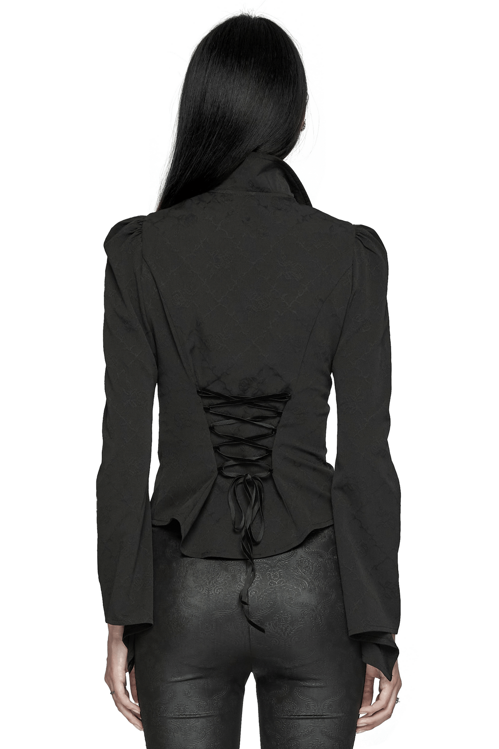 Gothic women's blouse featuring a unique lace-up back and elegant double collar, perfect for a mysterious and stylish look.