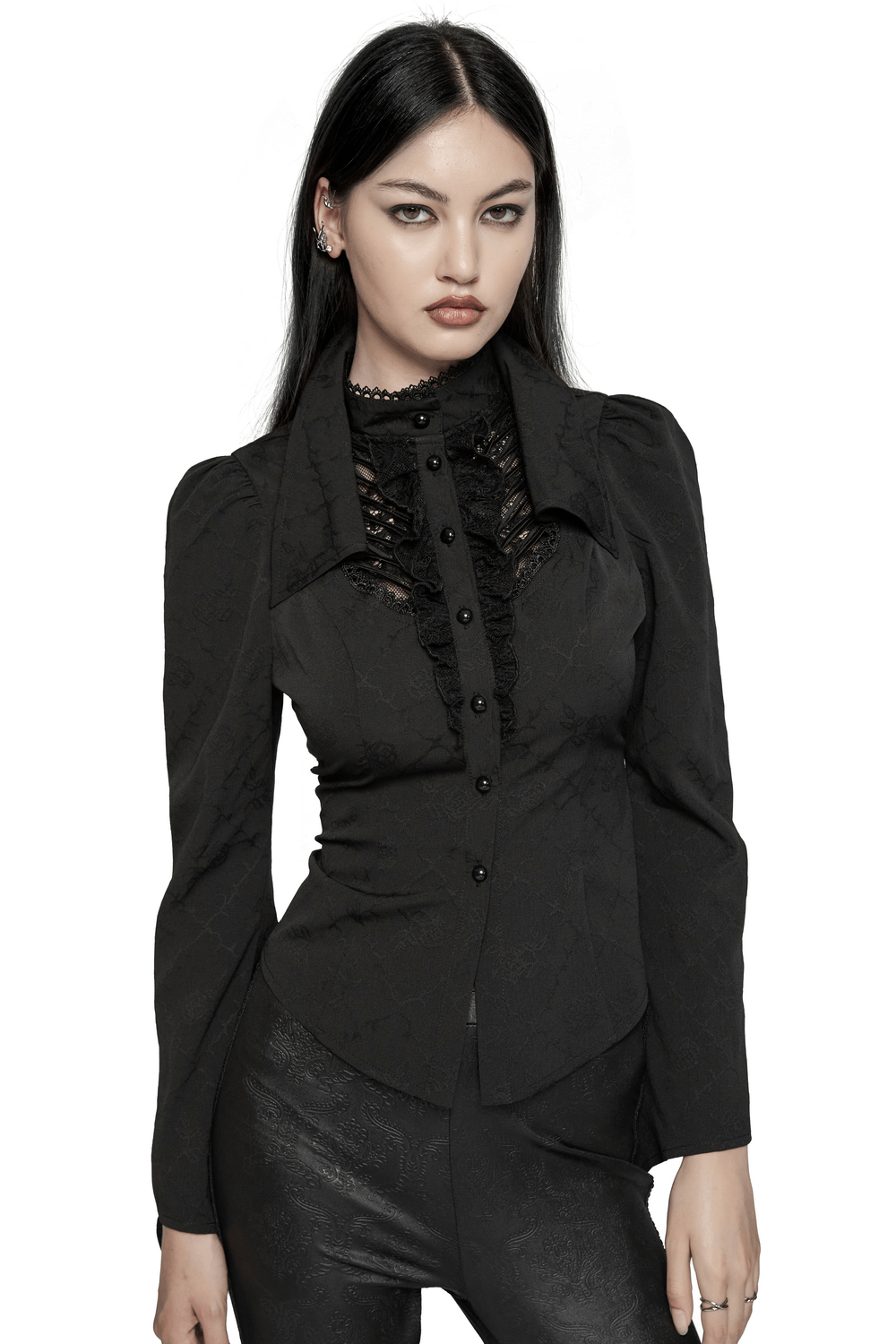 Gothic women's blouse with lace-up back and double collar, featuring elegant lace detail and long sleeves.