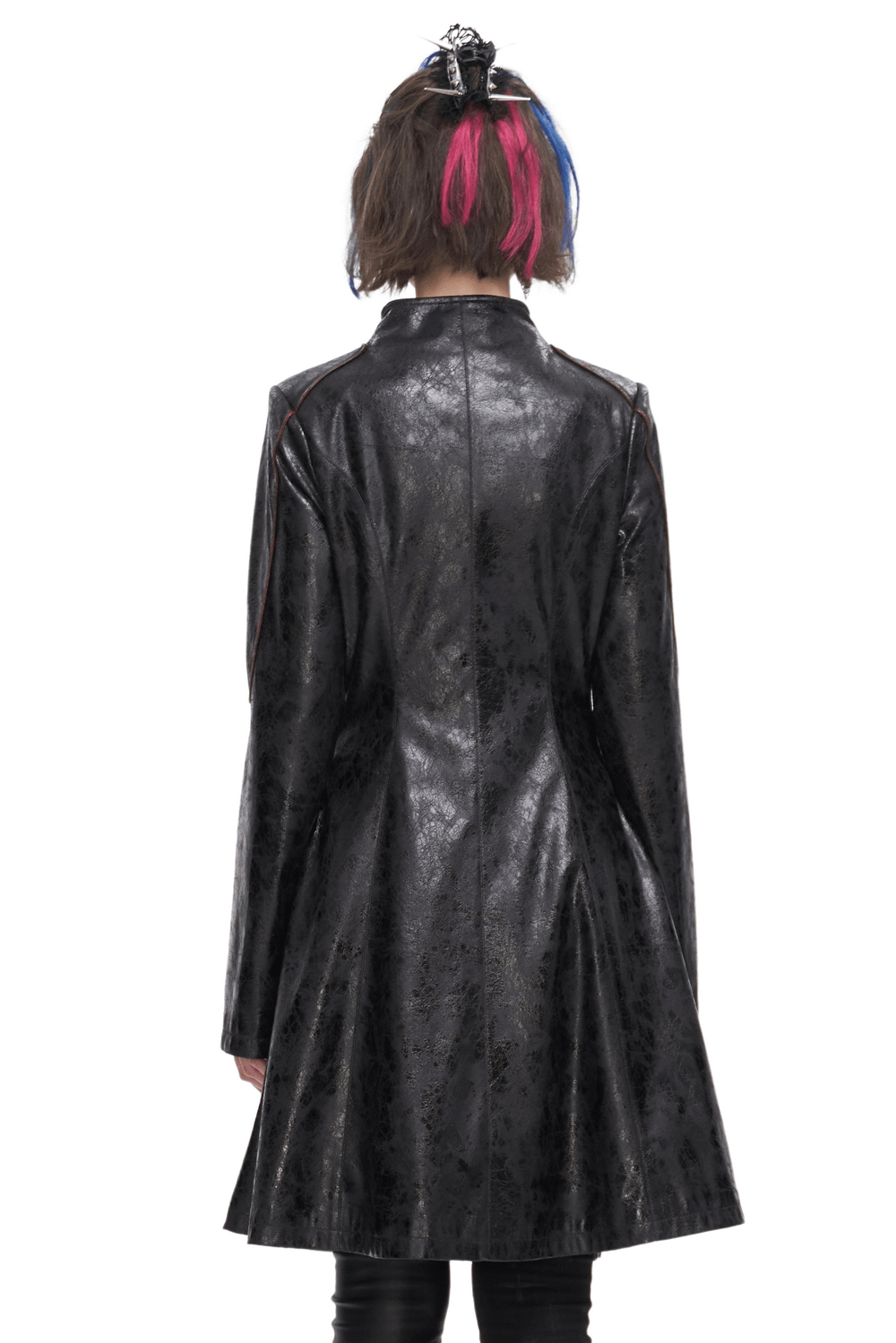 Back view of a gothic women's faux leather mid-length coat with unique buckle straps and elegant design.