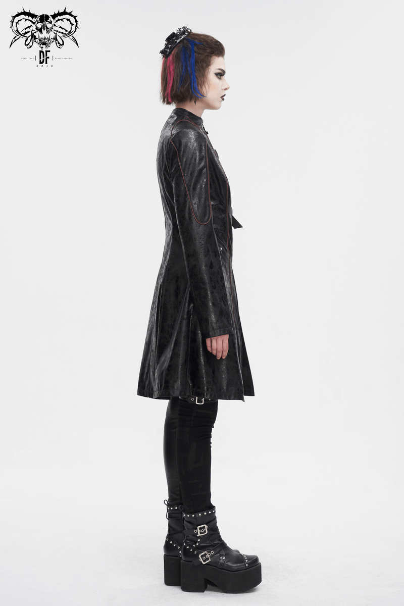 Gothic women's faux leather coat with buckle straps, showcasing edgy elegance and contemporary fashion.