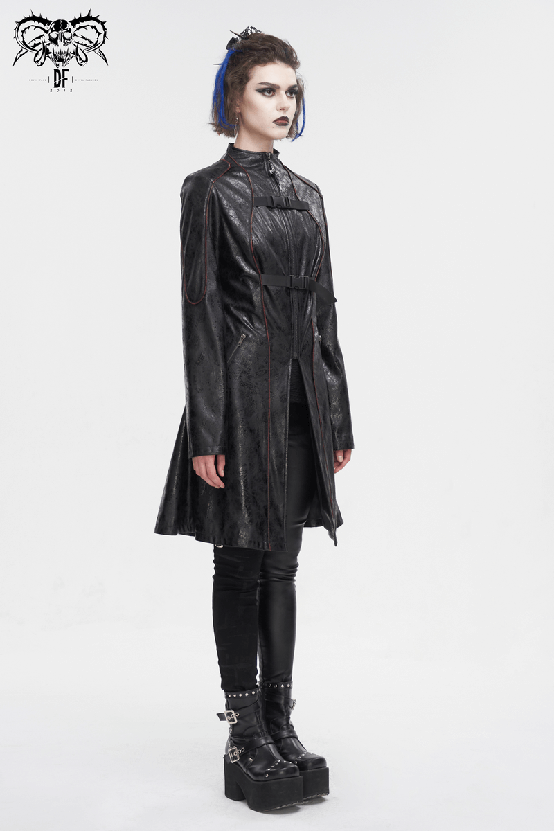 Gothic Women's Buckle Straps Faux Leather Mid-Length Coat - HARD'N'HEAVY