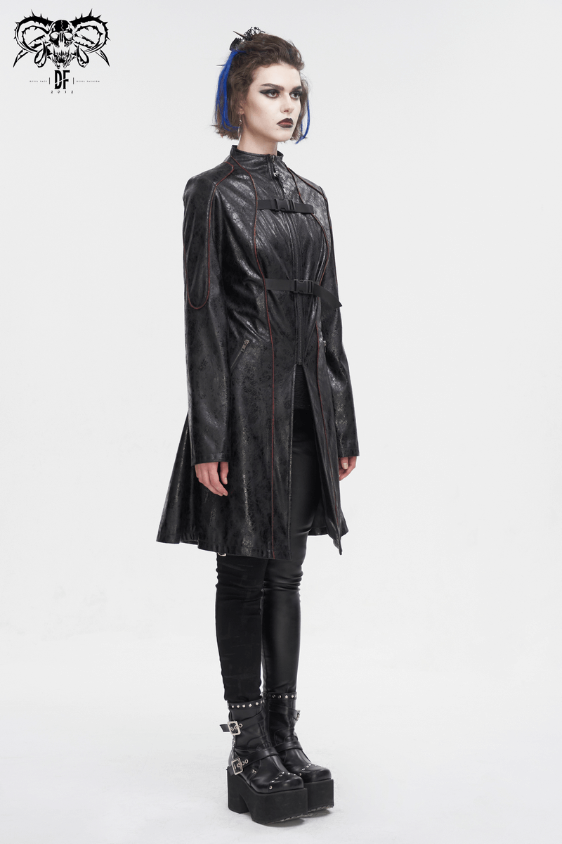 Gothic women's mid-length faux leather coat with buckle straps, showcasing edgy elegance and modern style.