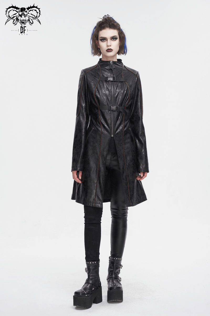 Gothic women's faux leather mid-length coat with buckle straps, showcasing edgy elegance and stylish flair.