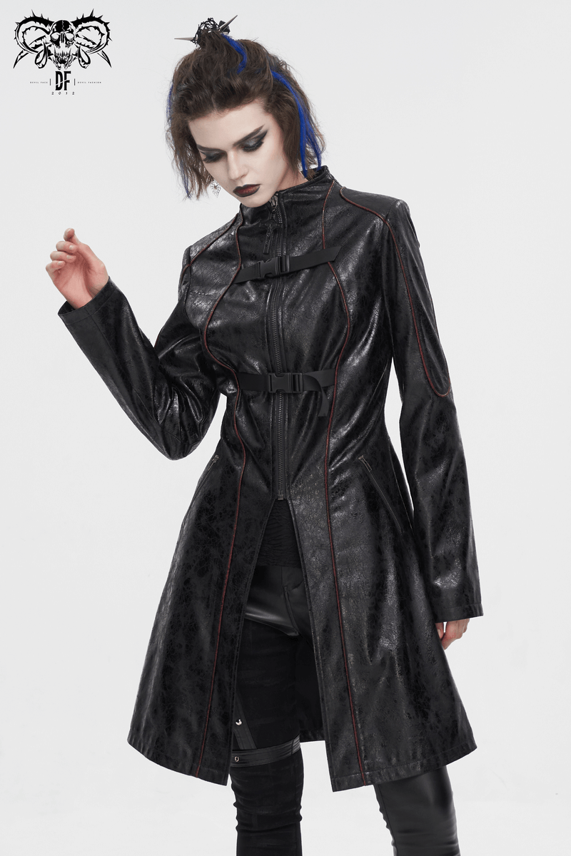 Gothic women's faux leather mid-length coat with buckle straps, showcasing edgy style and sophisticated elegance.