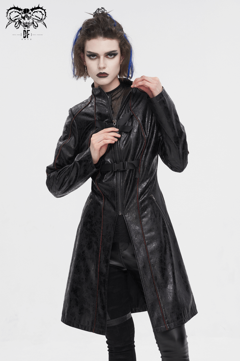 Gothic women's faux leather mid-length coat with buckle straps, showcasing edgy style and bold sophistication.
