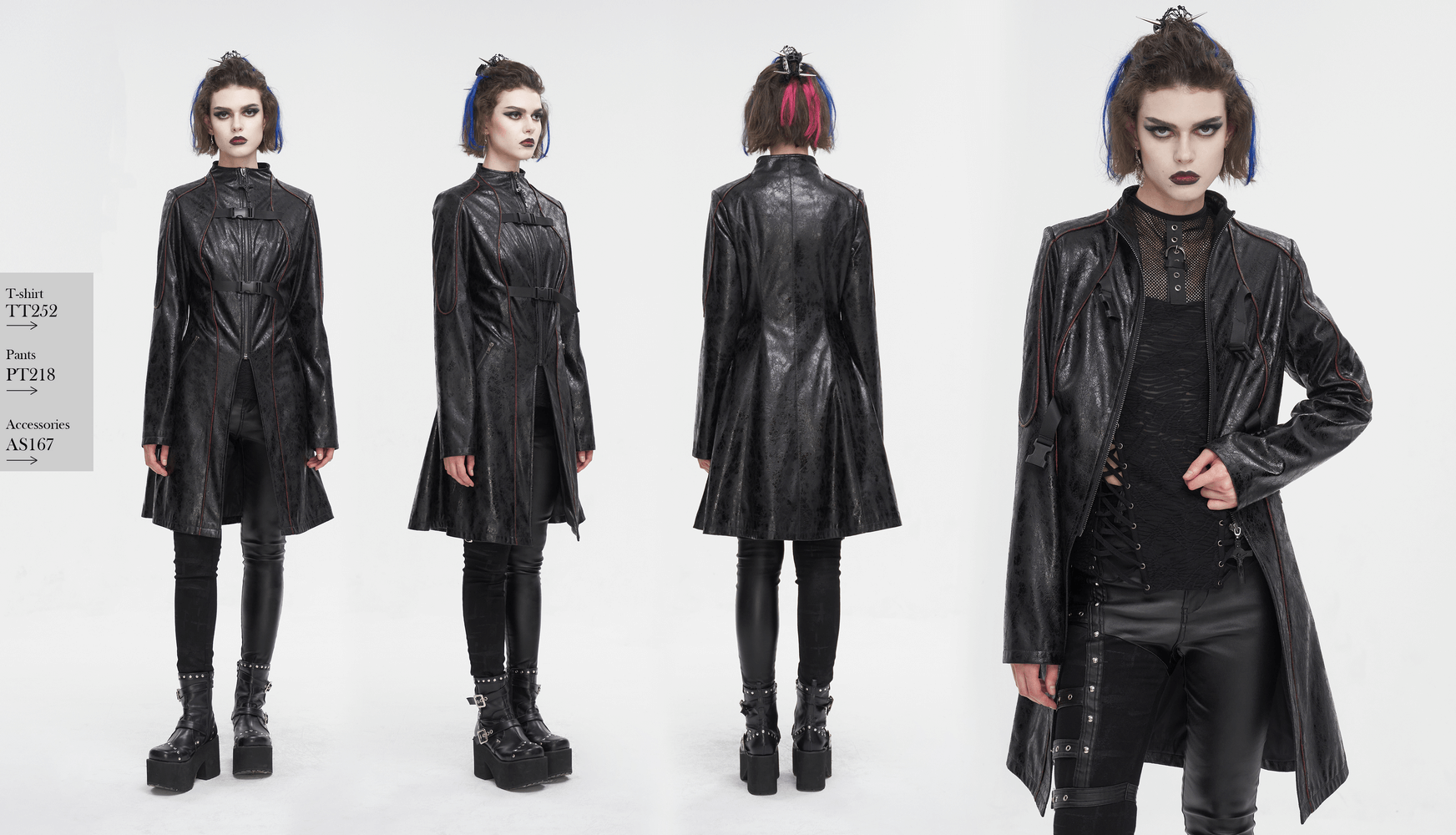 Gothic women's faux leather coat with buckle straps, mid-length, showcasing edgy elegance and bold sophistication.
