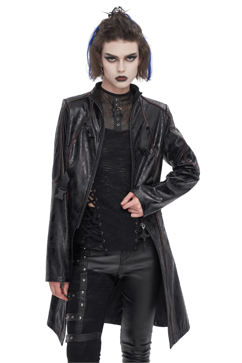 Gothic women's faux leather mid-length coat with buckle straps, stylishly worn over sleek black attire.