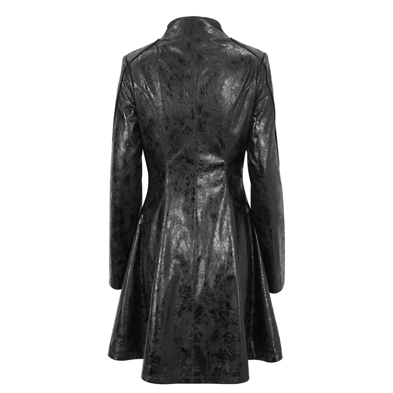 Back view of Gothic women's faux leather mid-length coat with buckle straps and edgy design.