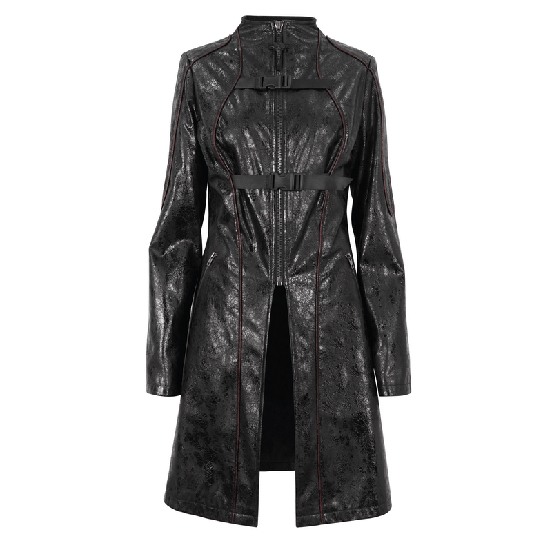 Gothic women's mid-length faux leather coat with buckle straps and edgy design, perfect for striking sophistication.