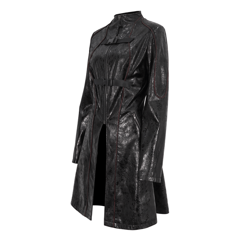 Gothic women's faux leather mid-length coat featuring buckle straps and edgy design, perfect for sophisticated style.