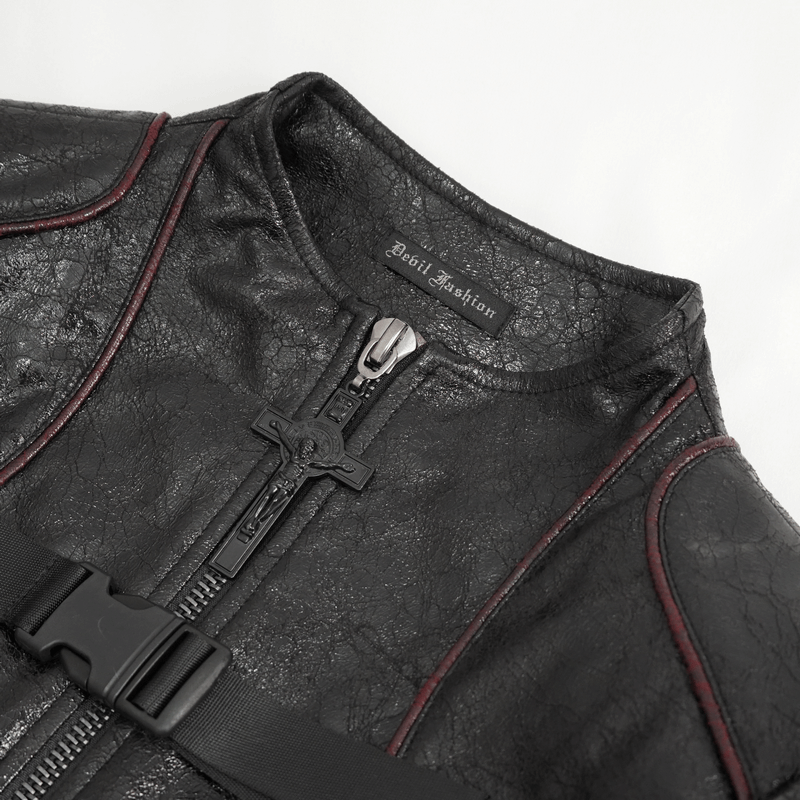 Close-up of gothic women's faux leather coat with buckle straps, showcasing edgy style and craftsmanship.