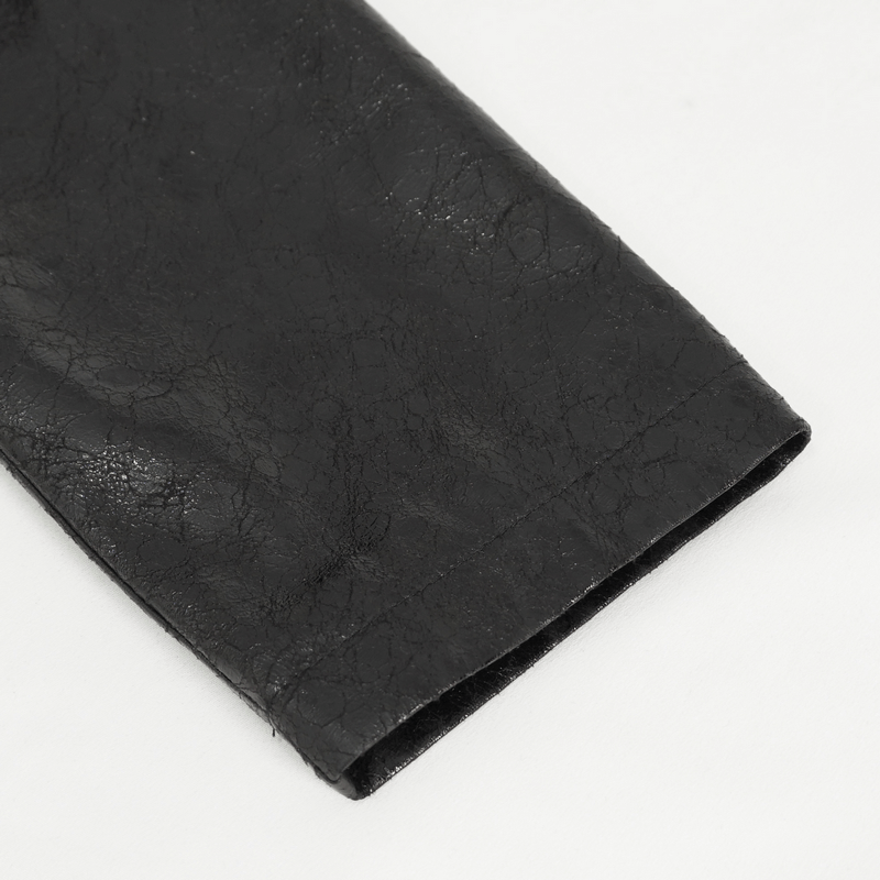 Close-up of the sleeve on a gothic women's faux leather coat, showcasing its stylish texture and design.
