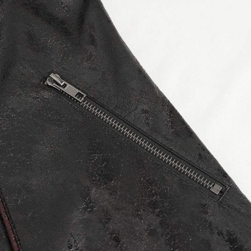 Close-up of the premium faux leather and zipper detail on the gothic women's buckle straps mid-length coat.