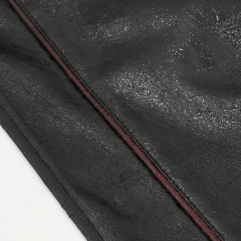 Close-up of premium black faux leather with contrasting red stitching, highlighting gothic coat quality and style.